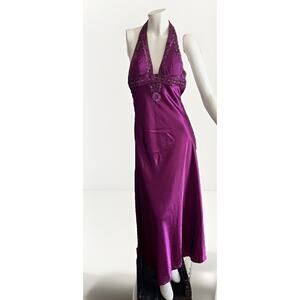 Purple Beaded Halter Prom Dress XS Open Back Satin Formal Gown Pageant + Scarf